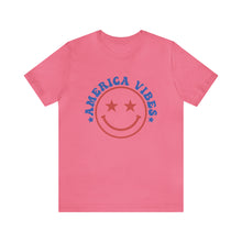 Load image into Gallery viewer, America Vibes Happyface July 4th Women&#39;s Short Sleeve Graphic Tee
