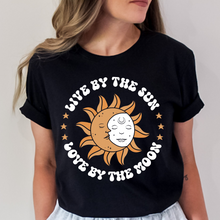 Load image into Gallery viewer, Live By The Sun and Moon Celestial Women&#39;s Short Sleeve Graphic Tee
