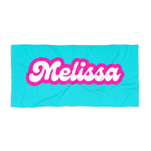 The Melissa Retro Neon Blue and Pink Custom Name Beach Towel