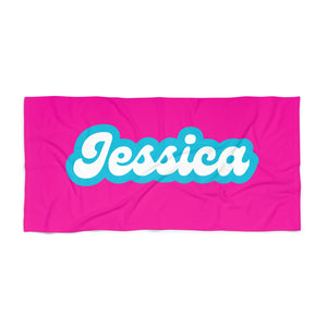 The Jessica Retro Neon Pink and Blue Custom Name Beach Towel