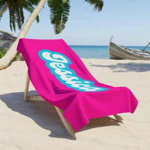 The Jessica Retro Neon Pink and Blue Custom Name Beach Towel