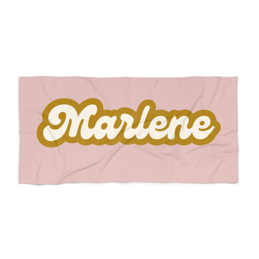 The Marlene Retro Pink and Brown Custom Name Beach Towel