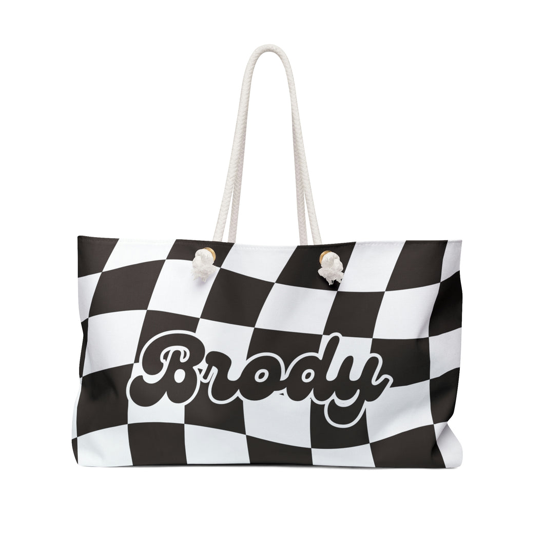 The Brody Black and White Checker Custom Name Weekender/Beach Bag