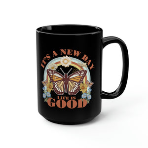 It's A New Day Butterfly Black Mug, 15oz