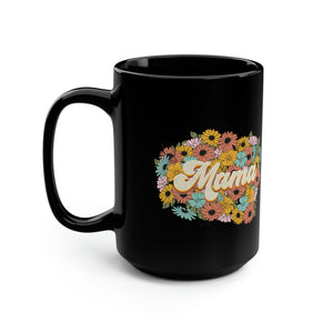 Retro Flower Mama Black Mug, 15oz