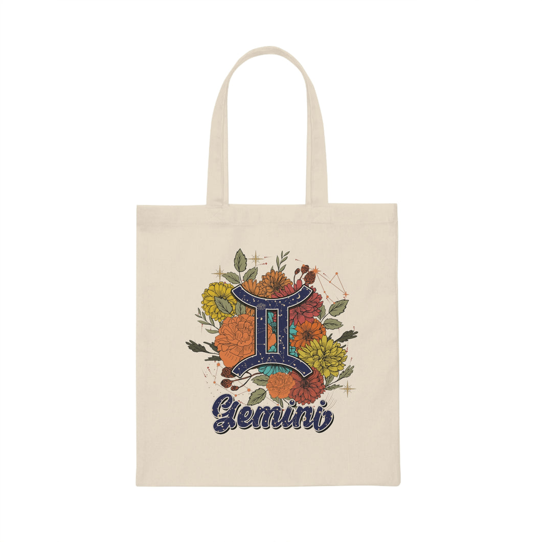 Gemini Floral Retro Canvas Tote Bag