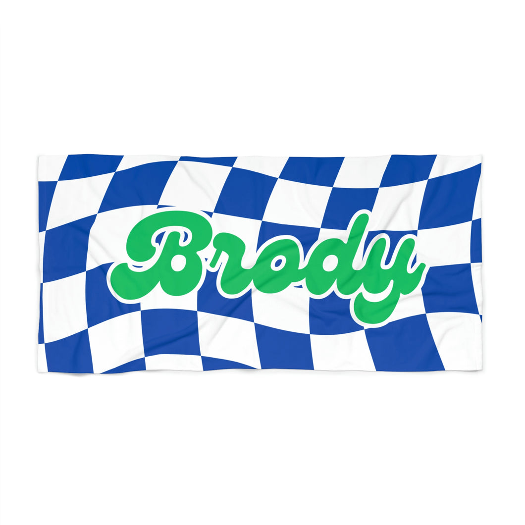 The Brody Blue and Green Checker Custom Name Beach Towel