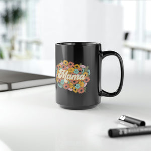 Retro Flower Mama Black Mug, 15oz