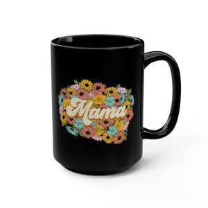 Retro Flower Mama Black Mug, 15oz