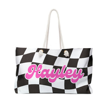 Load image into Gallery viewer, The Hayley Black and Pink Checker Custom Name Weekender/Beach Bag
