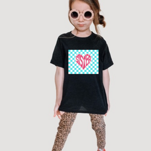 Sister Checker Heart Girls Youth Retro T-shirt