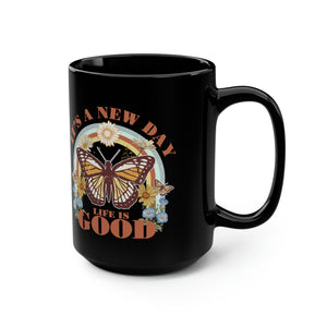 It's A New Day Butterfly Black Mug, 15oz