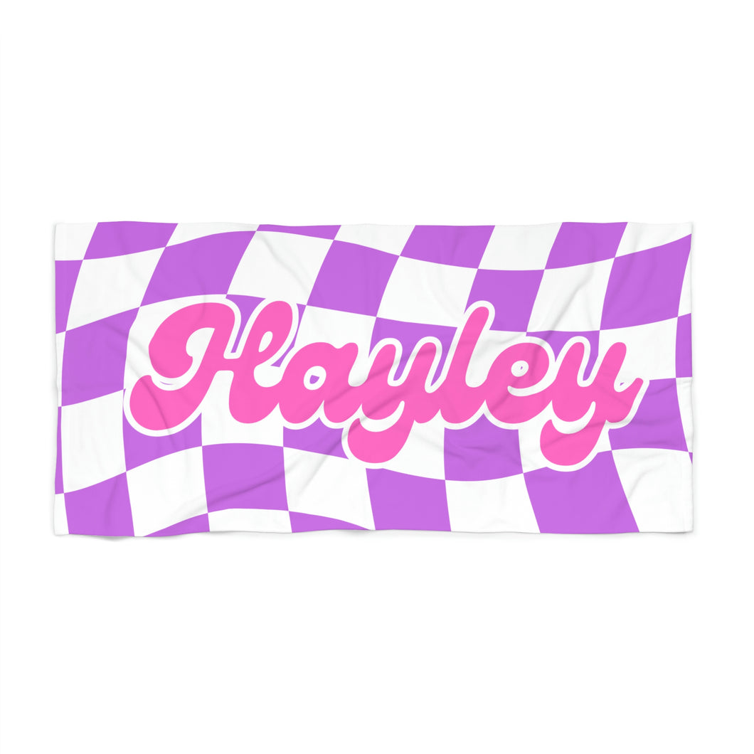 The Hayley Pink and Purple Checker Custom Name Beach Towel