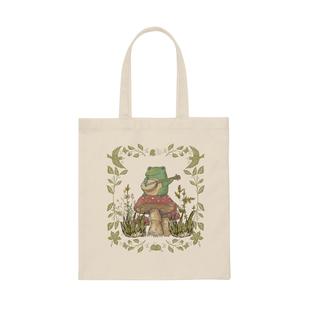 Frog Banjo Cottagecore Canvas Tote Bag