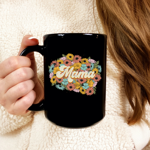 Retro Flower Mama Black Mug, 15oz